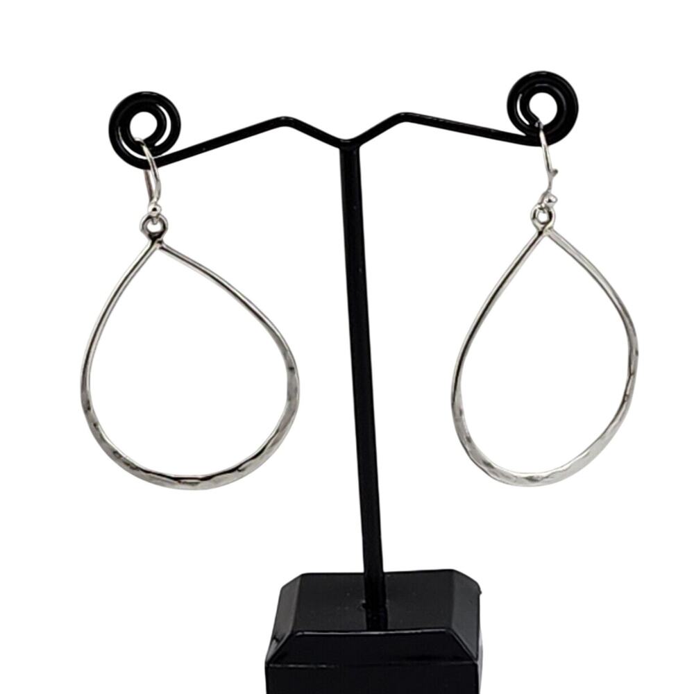 Sterling Silver Teardrop Hammered Flat Edge Hook Earrings 2"